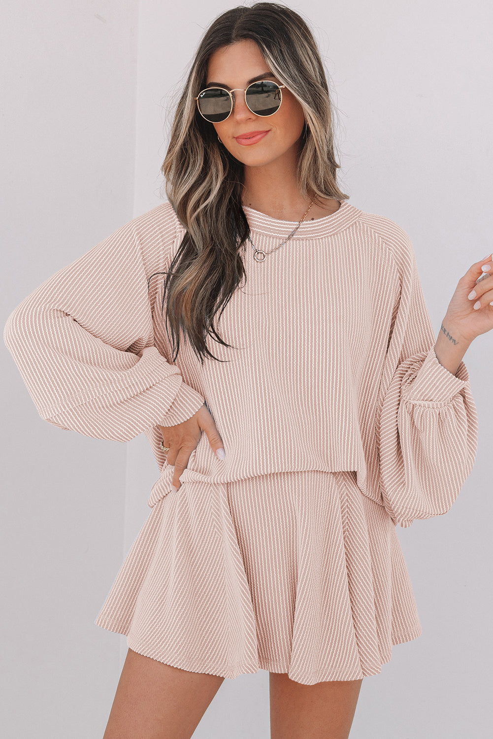 Jet Stream Corded Lantern Sleeve Top High Waist Ruffled Mini Skort Set