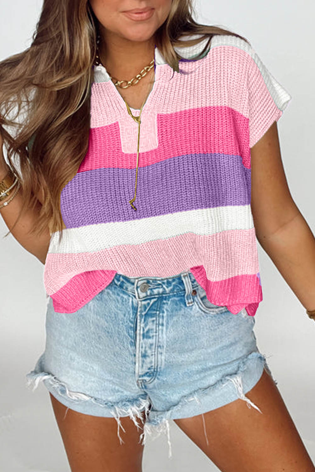 Pink Color Block Notch V Neck Sweater T Shirt