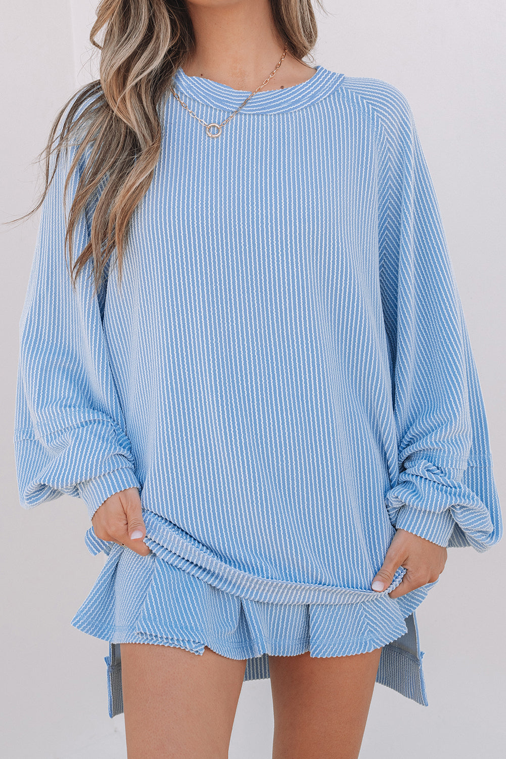 Sky Blue Corded Lantern Sleeve Top High Waist Ruffled Mini Skort Set