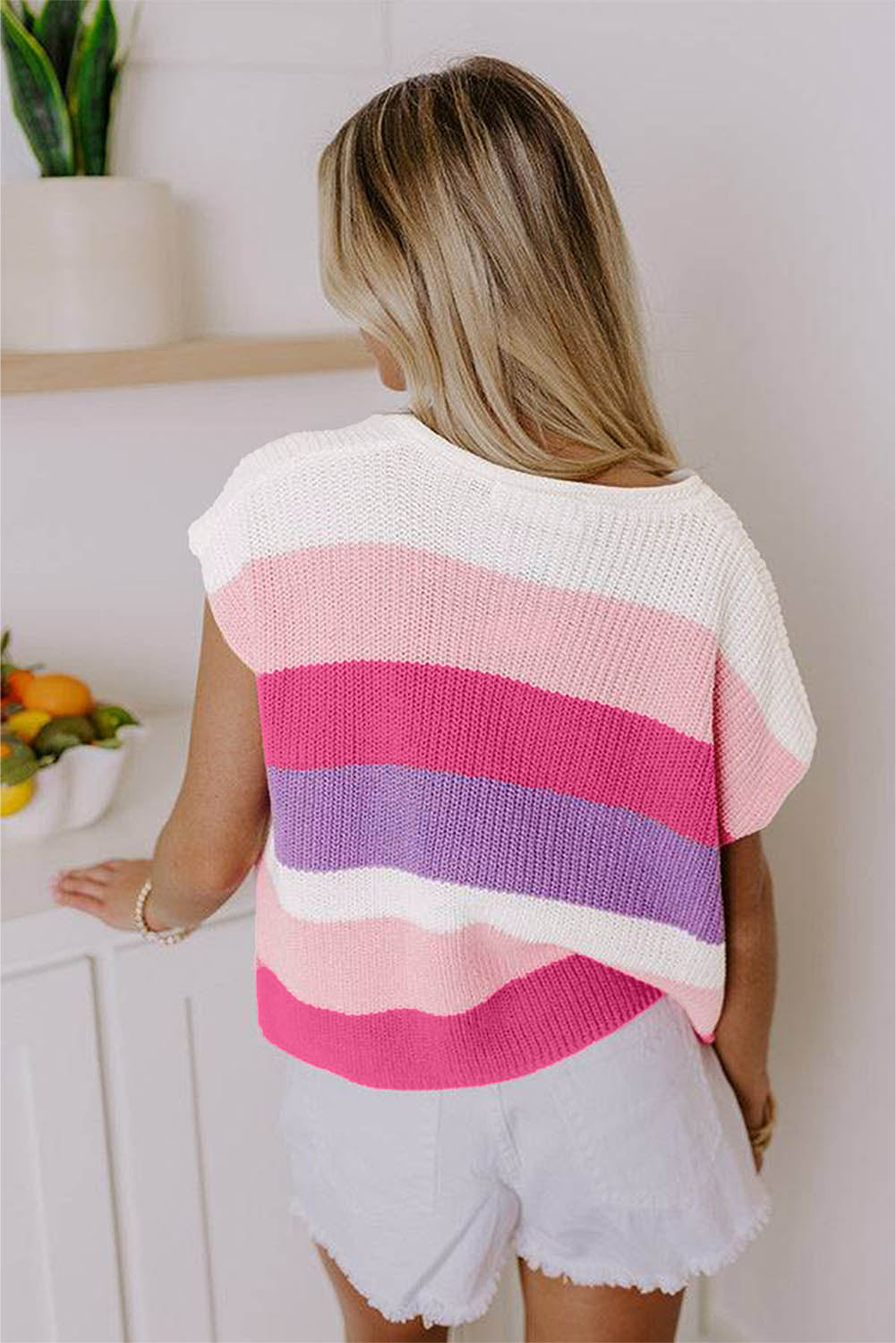Pink Color Block Notch V Neck Sweater T Shirt