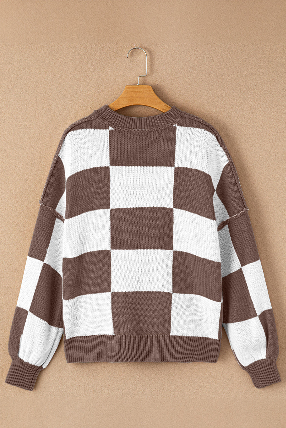 Dark Brown Checkered Bishop Sleeve Sweater